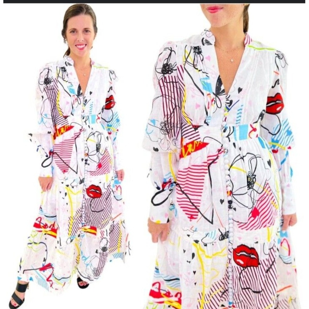 Mackenzie Mode White Maxi Dress with Red, Pink, Blue & Yellow Abstract Print